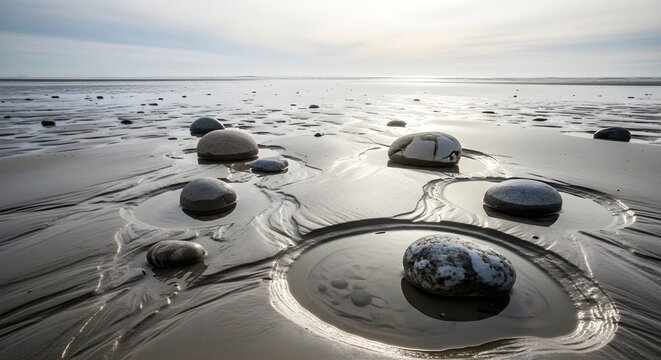 Glistening Tidal Pools and Smooth Stones on a Serene Sandy Beach