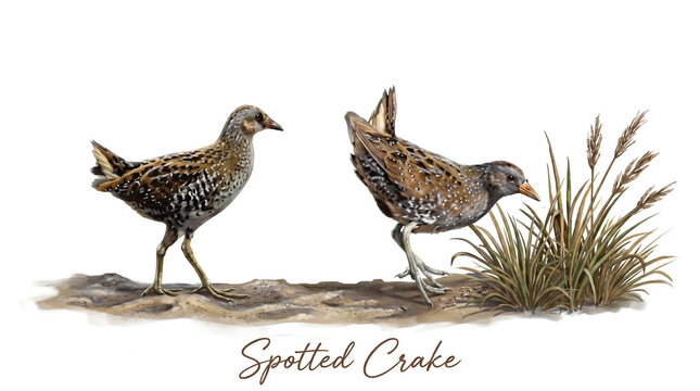 A detailed 3D illustration of two spotted crakes (Spotted Crake) standing and crouching beside the reeds along the water&rsquo;s edge against a white background.