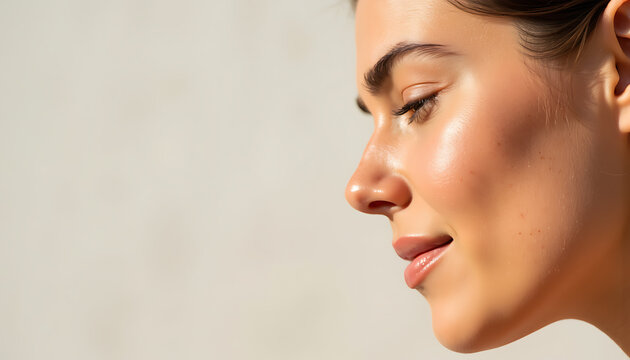 Profile of a young woman with glowing skin. Close up portrait of female face with natural makeup. Skincare and beauty concept