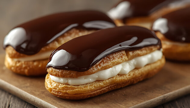 Delicious eclair desserts with chocolate glaze and creamy filling on wooden plate