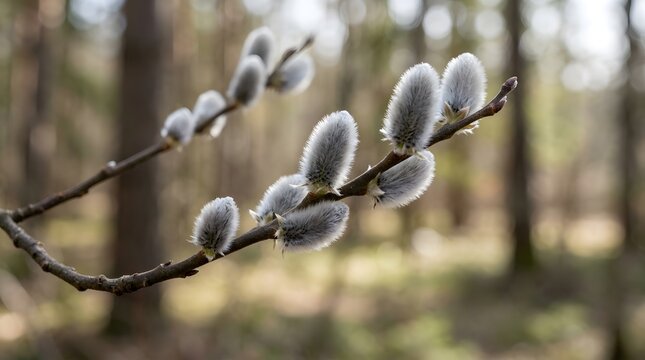 Detailed macro shot of fluffy grey willow catkins blooming on branches on transparent background