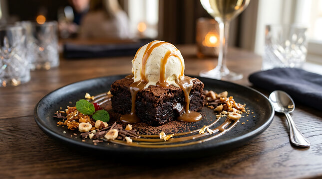 Delicious chocolate brownie with ice cream and caramel sauce on a plate
