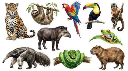 Fototapeta premium Tropical Jungle Animals Collection Isolated on White