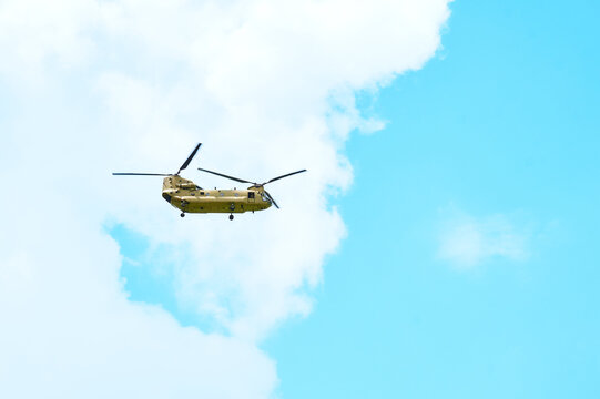Military transport helicopter with two rotors Boeing CH-47 Chinook helicopter 