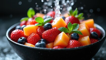 Obraz premium Fresh fruit salad with strawberries blueberries and cantaloupe being washed. Water splashes over colorful healthy food in dark bowl. Diet, nutrition and refreshment.