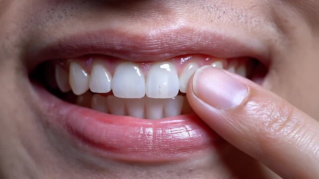 Woman pointing to her teeth.