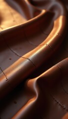 Naklejka premium Close up textured brown leather fabric folds. Warm light reflects on glossy surface. Stitched patterns suggest luxury upholstery detail. Elegant textile background for design.