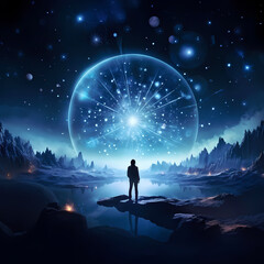 Fototapeta premium Space fantasy landscape with silhouette of a man, glowing celestial sphere illustration wallpaper 