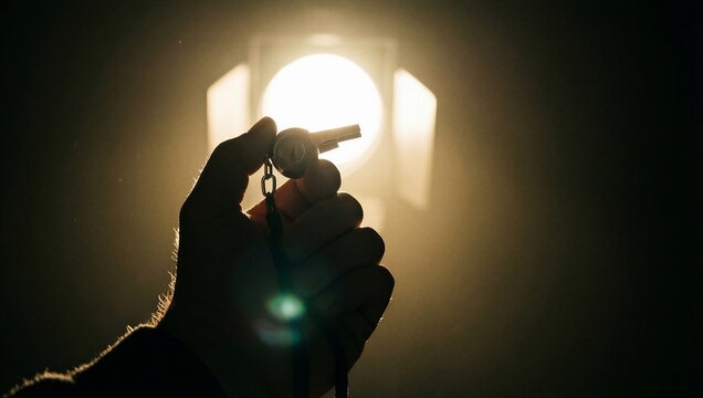 Silhouette of referee hand holding silver whistle against bright stadium lights