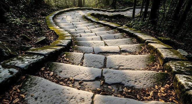 Winding Stone Steps in Enchanted Forest with Dappled Sunlight and Moss
