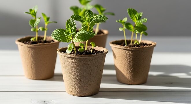 Small green plants in pots on table.