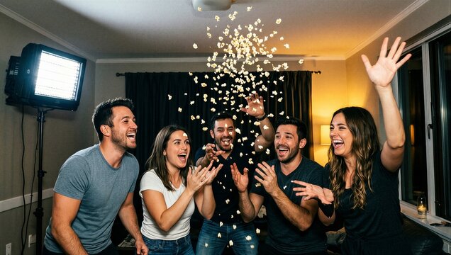 Happy diverse group of friends celebrating victory and throwing popcorn at home