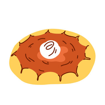 Sweet dessert pumpkin tart made of shortcrust pastry with ice cream scoop topping, homemade rough-moulded pie, fragrant fresh baked goods for design for sale
