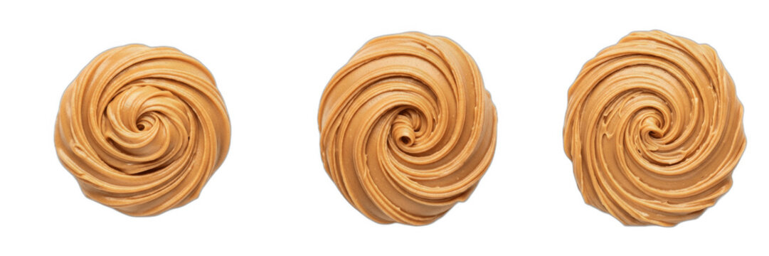 Creamy Peanut Butter Frosting Swirls and Dulce de Leche Piped Dollops Isolated on Transparent Background PNG. Sweet Caramel Buttercream Star Piping Set for Bakery Menus, Dessert Recipe Blogs, and Cake