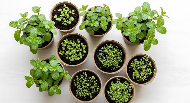 Small potted green plants on white.