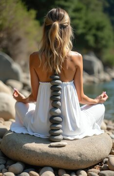 Woman meditating by river with stones stacked on her back. She sits in lotus pose, balanced and tranquil. Natural outdoor setting promotes peace and calm.