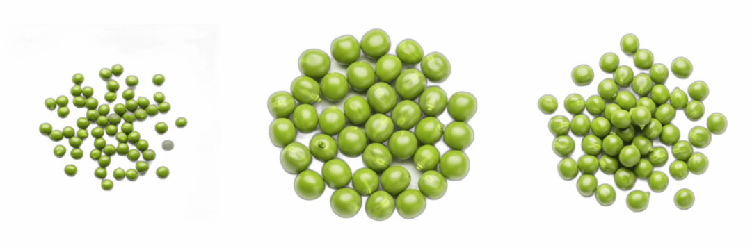 Three Piles of Fresh Green Peas Isolated on White Background for Culinary Design and Food Photography, High Resolution Studio Shot of Raw Garden Vegetables for Healthy Nutrition and Cooking Concepts, 
