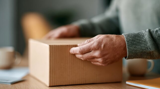 Close-up of a person's hands preparing a package for shipment indoors