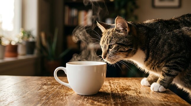 Curious cat smelling hot coffee in white mug on wooden table indoors