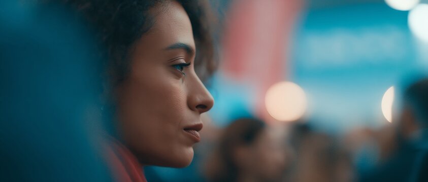 Profile view of a woman in peaceful, reflective state at a softly lit event