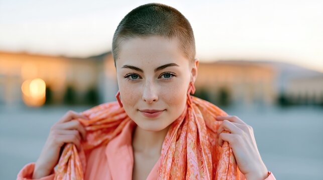 Bold woman with short hair looks serene in a vibrant scarf