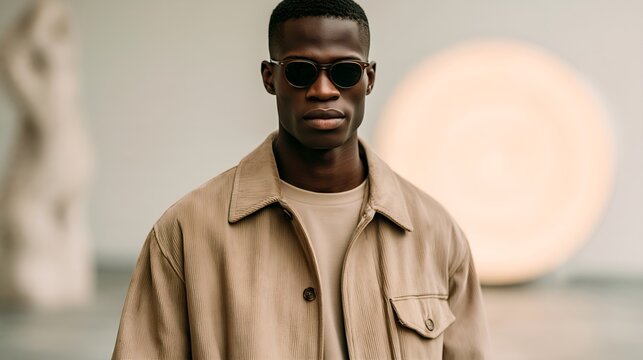 Dark-skinned man in stylish beige jacket and sunglasses