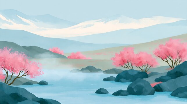 Soft pastel scene with blossoming trees beside flowing river