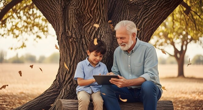 Grandfather and grandson using a tablet computer under a large tree in autumn