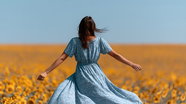 Back view of woman dancing in sunflower field
