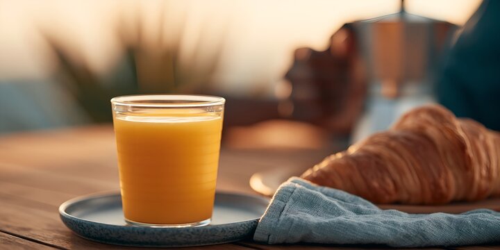 Glass of orange juice beside a croissant on a wooden table