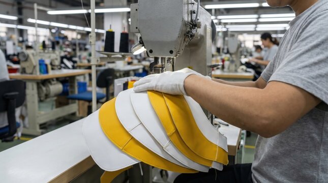 Worker sewing yellow and white fabric visors on an industrial sewing machine
