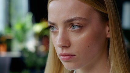 Fototapeta premium Portrait serious confident authority Caucasian business woman looking thinking businesswoman girl female face strong facial expression gaze stare worker look in distance feeling confidence in office