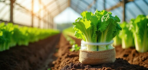 Obraz premium Rows of fresh green lettuce grow in sunlit greenhouse. Bunch of crisp leaves sits in clear plastic container wrapped with burlap. Healthy plants thrive in dark soil under natural light. Farming,