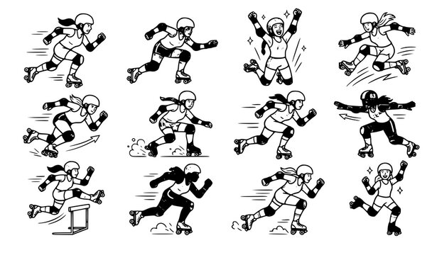 Retro Roller Derby Female Skaters in Action Poses Vintage Sports Vector Collection