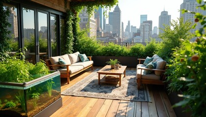 Obraz premium Rooftop terrace features modern furniture and lush green plants with aquaponics system. Urban city skyline view provides serene escape. Sustainable living space offers fresh produce.