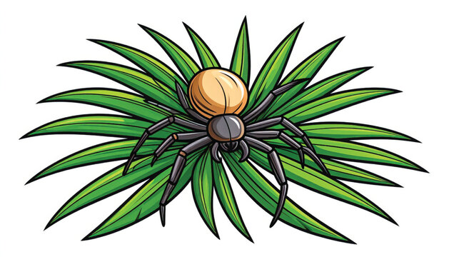 Black widow spider on green leaves.