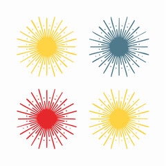 Fototapeta premium Set of Four Sunburst Graphics in Yellow, Blue, and Red