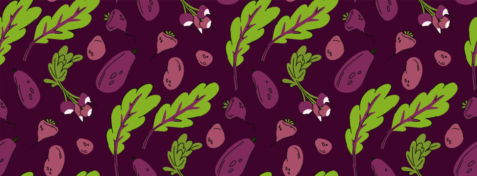 Seamless pattern with purple produce, potatoes, beets, chard, garlic, eggplant, farm produce harvest for local market, farm to table