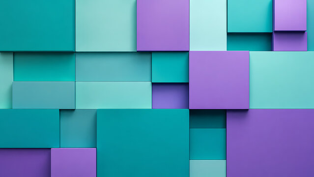 Abstract 3D geometric blocks in teal and purple, modern cubic wall texture, minimalist architectural pattern with layered square shapes isolated on White Background ai