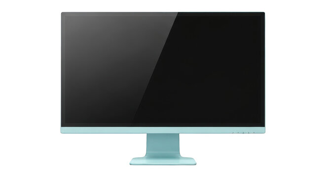 A sleek computer monitor with a black screen and light blue base isolated on transparent background