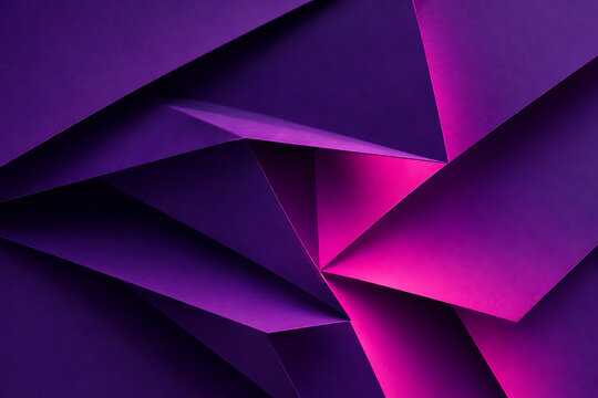 Abstract geometric paper background, purple and magenta origami folds, sharp angular shadows and vibrant neon lighting, modern textured paper art isolated on White Background ai