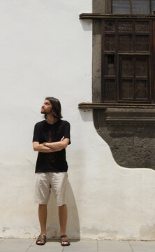 Man in Bleach-Stamped T-Shirt in Historic Vegueta, Las Palmas
