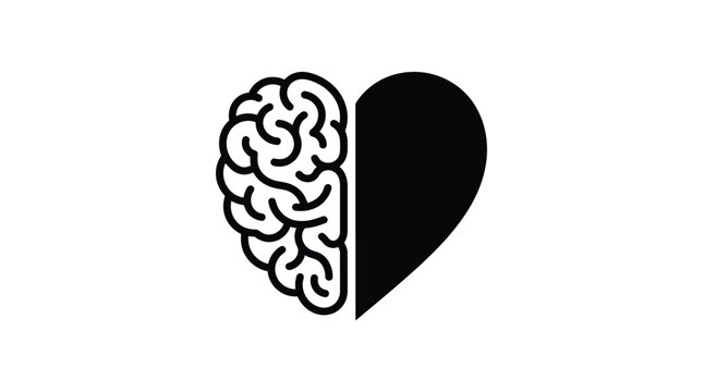 Minimalist black vector illustration showing a combined human brain and heart shape for conceptual design
