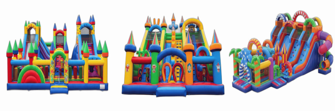Colorful Inflatable Bounce Houses and Obstacle Courses Set, Large Kids Jump Castles with Slides, Party Playgrounds Isolated on White Background, Premium Amusement Equipment for Event Rental Advertisin