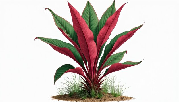 Red and green plant with large pointy leaves grows from brown soil. Small green grass sprouts around the base. Tropical foliage illustration.