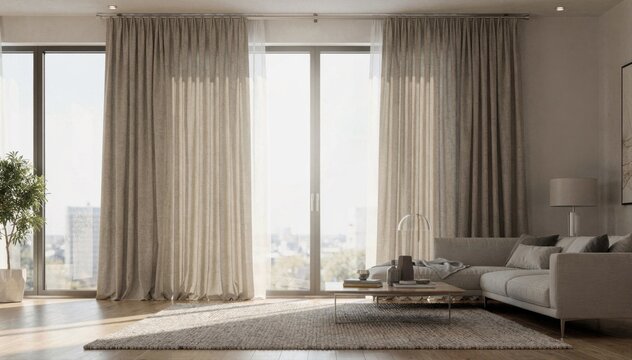 Medium shot of pinch pleat customlength curtains elegantly hung in a spacious modern living room with oversized windows and natural light.