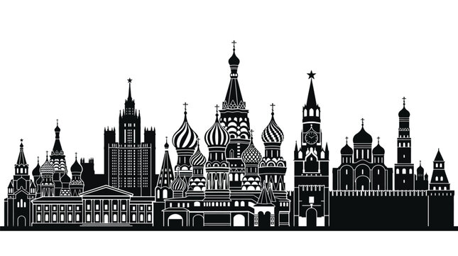 Detailed black vector illustration of the famous moscow city skyline featuring iconic russian architectural landmarks