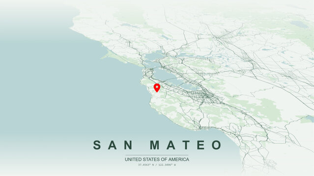 Modern minimalist vector map of San Mateo, California, USA. High-quality scalable illustration of San Mateo Silicon Valley city grid, San Francisco Bay waterfront layout for posters design.