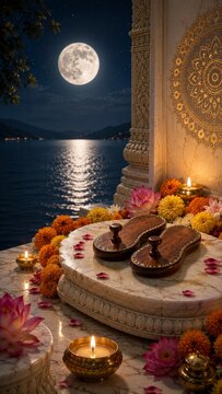 Guru Purnima festival altar with wooden paduka, glowing oil lamps, marigold and lotus flowers under a full moon night sky by the sacred river lake water, traditional hindu spiritual celebration.