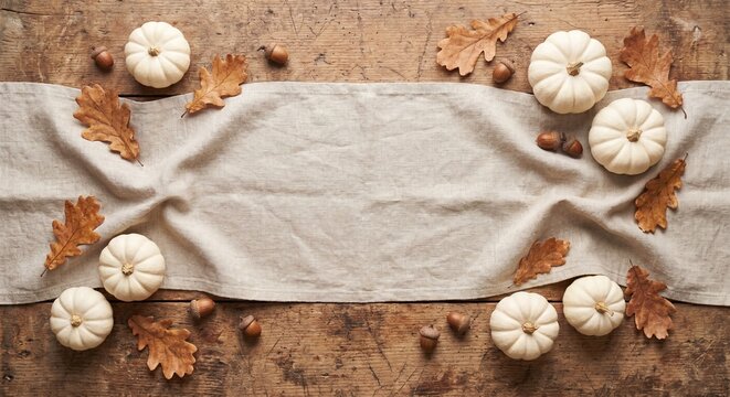 A long linen cloth runner decorated with mini white pumpkins dry oak leaves and acorns arranged on a rustic weathered wooden surface for fall celebration